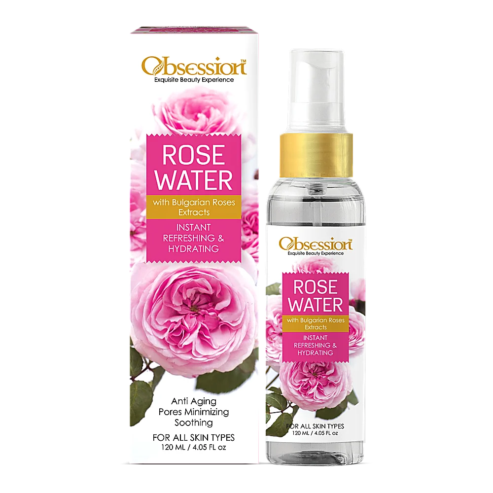 Obsession Rose Water spray bottle and pink box