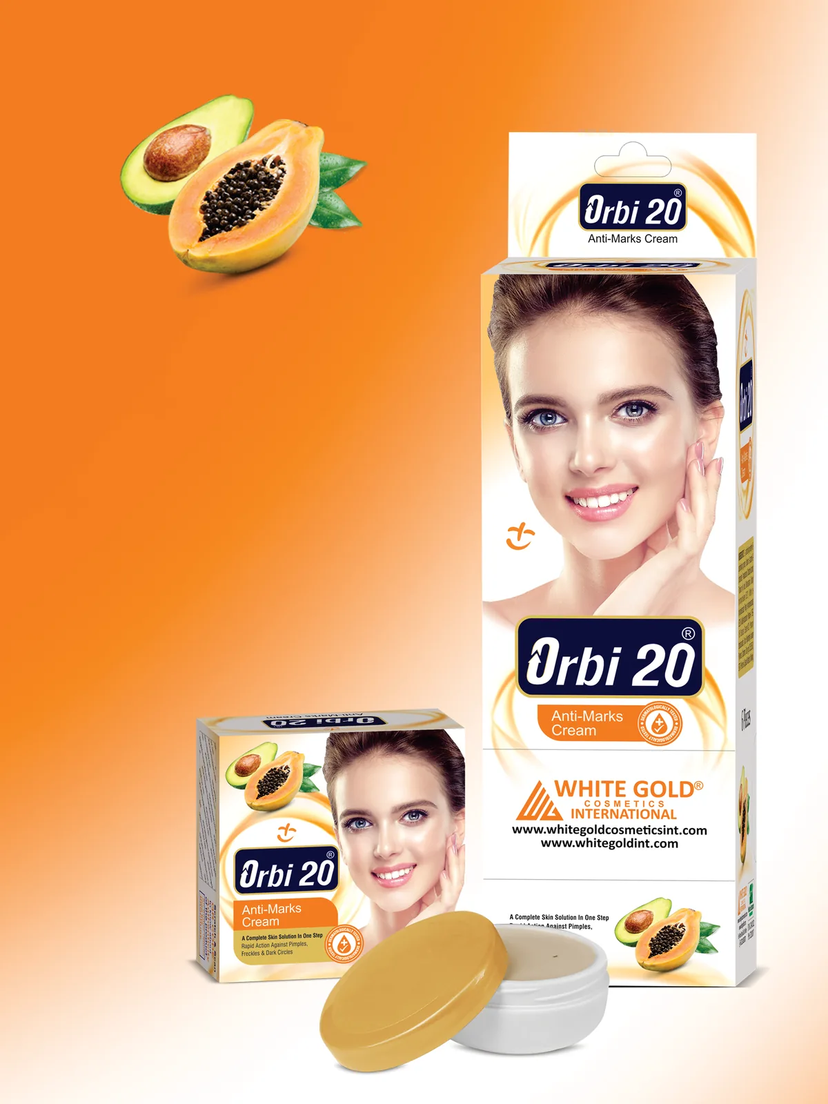 Orbi 20 Anti-Marks Cream box and jar with papaya and avocado