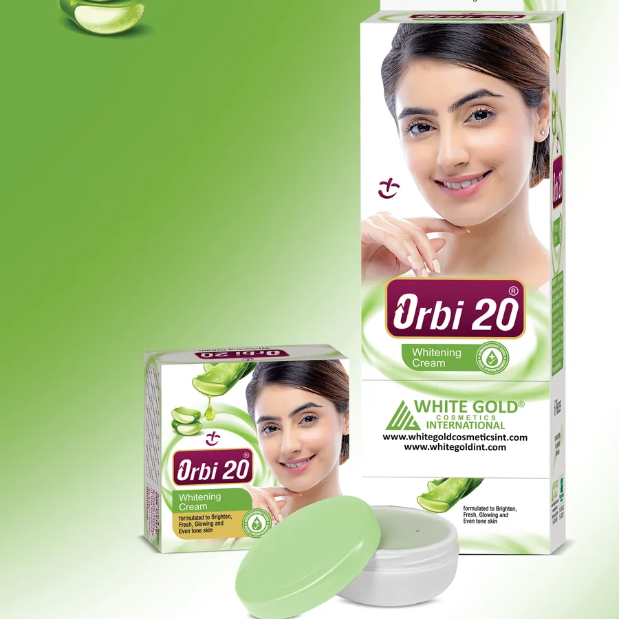 Orbi 20 Whitening Cream box and green jar with aloe vera
