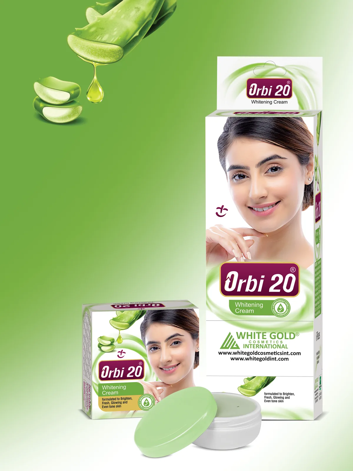 Orbi 20 Whitening Cream box and green jar with aloe vera