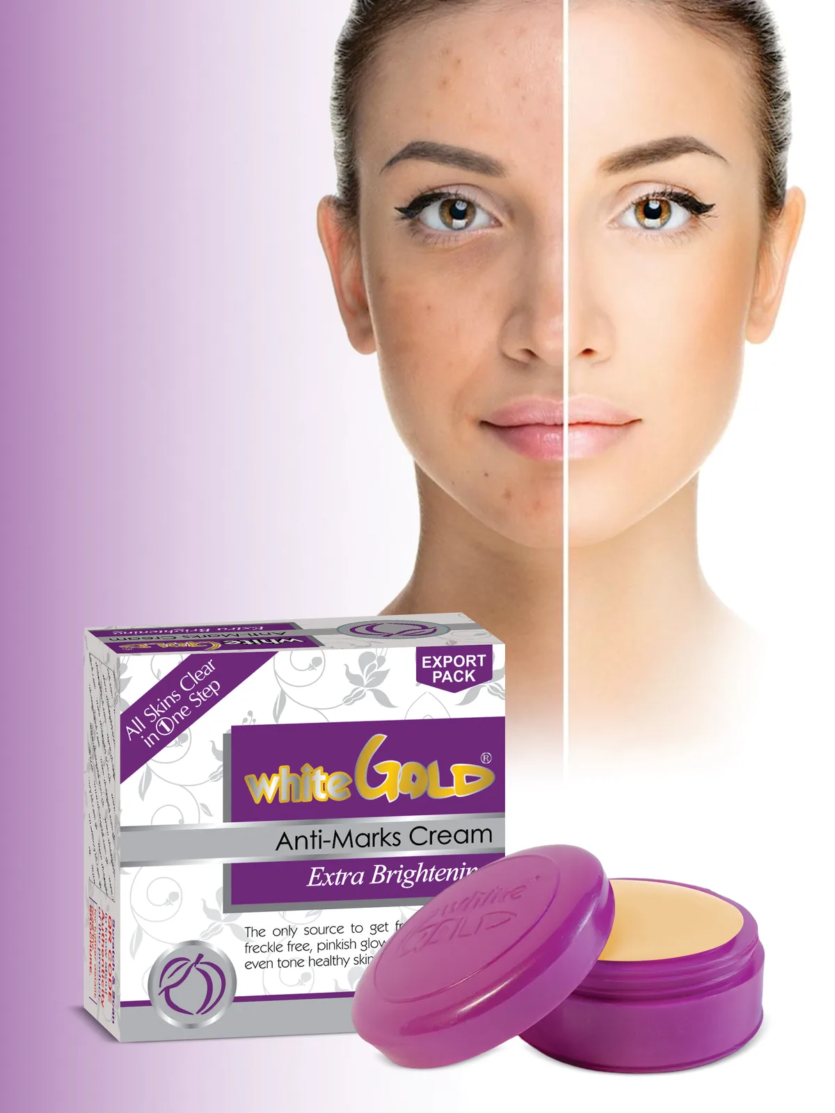 White Gold Anti-Marks Cream before-and-after catalogue poster