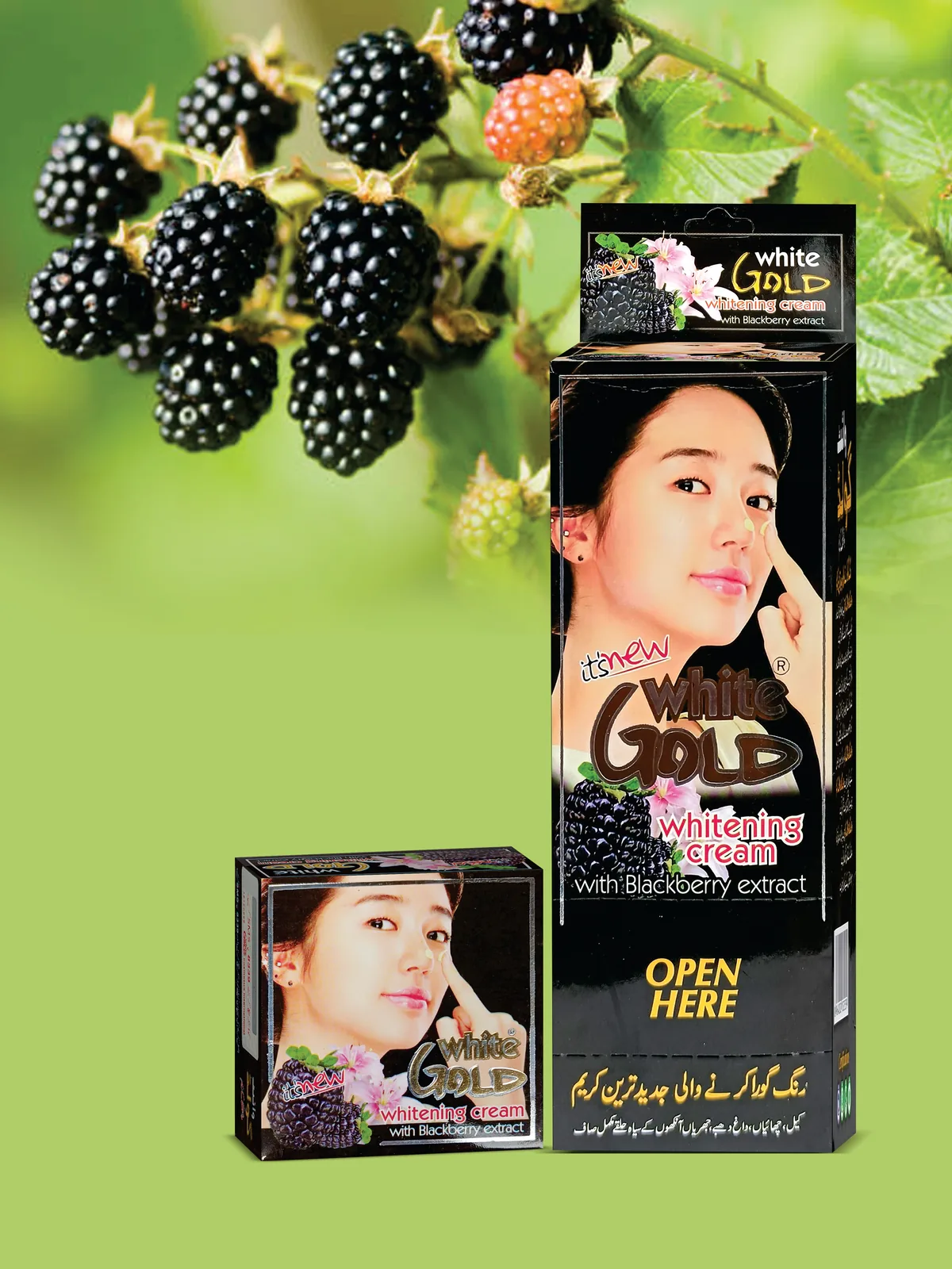 White Gold Blackberry Whitening Cream catalogue poster with fresh blackberries