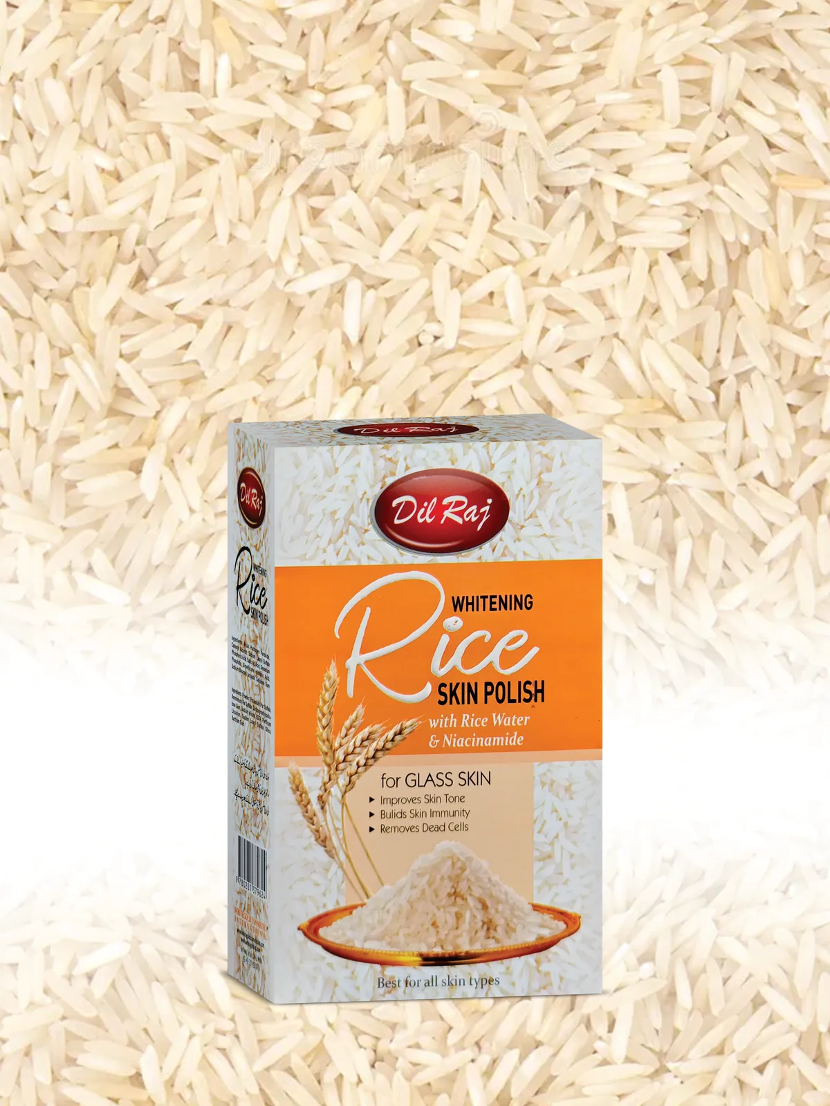 Dil Raj Whitening Rice Skin Polish box on a bed of rice grains