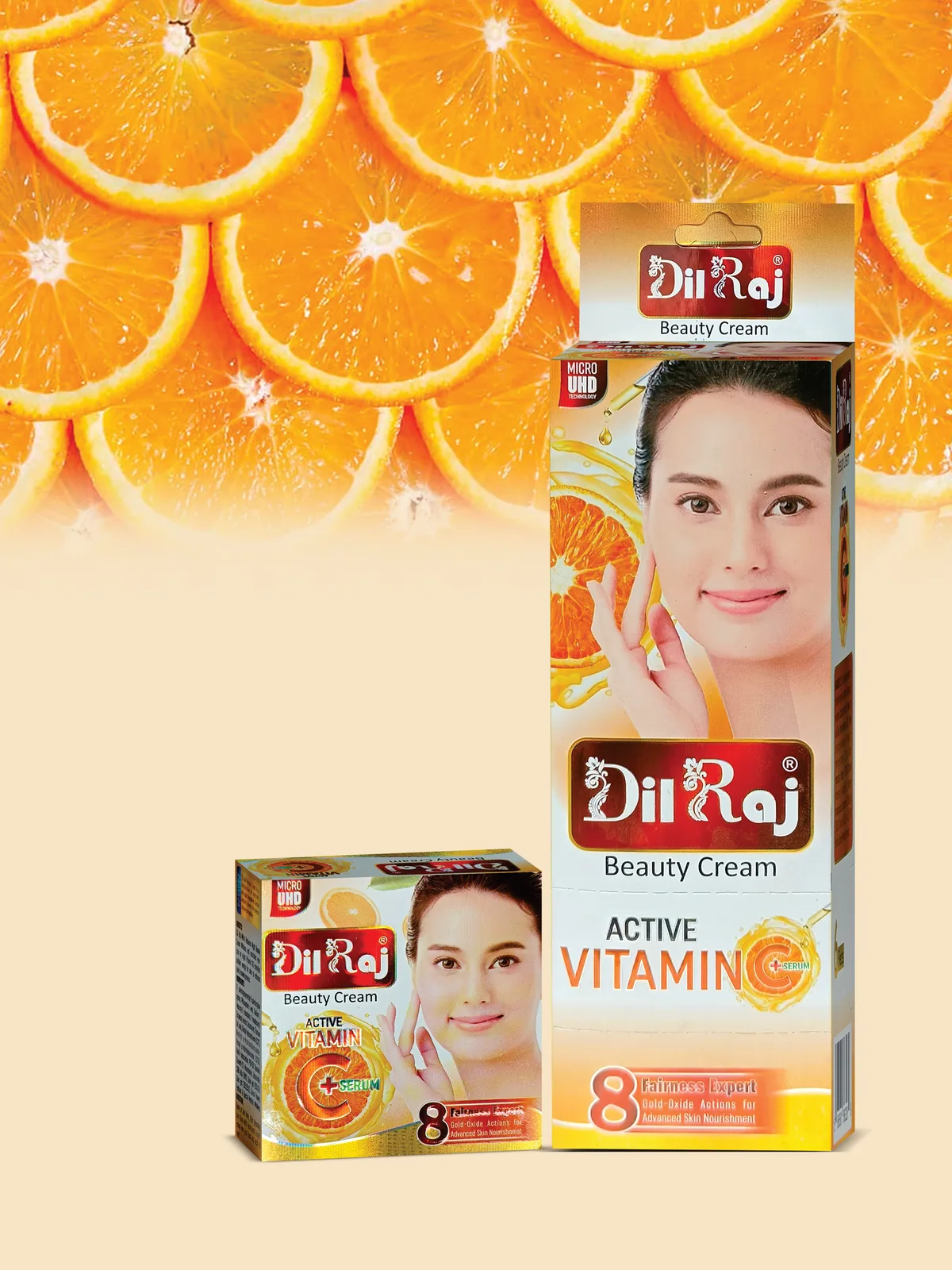 Dil Raj Beauty Cream Active Vitamin C plus Serum box and jar on sliced oranges