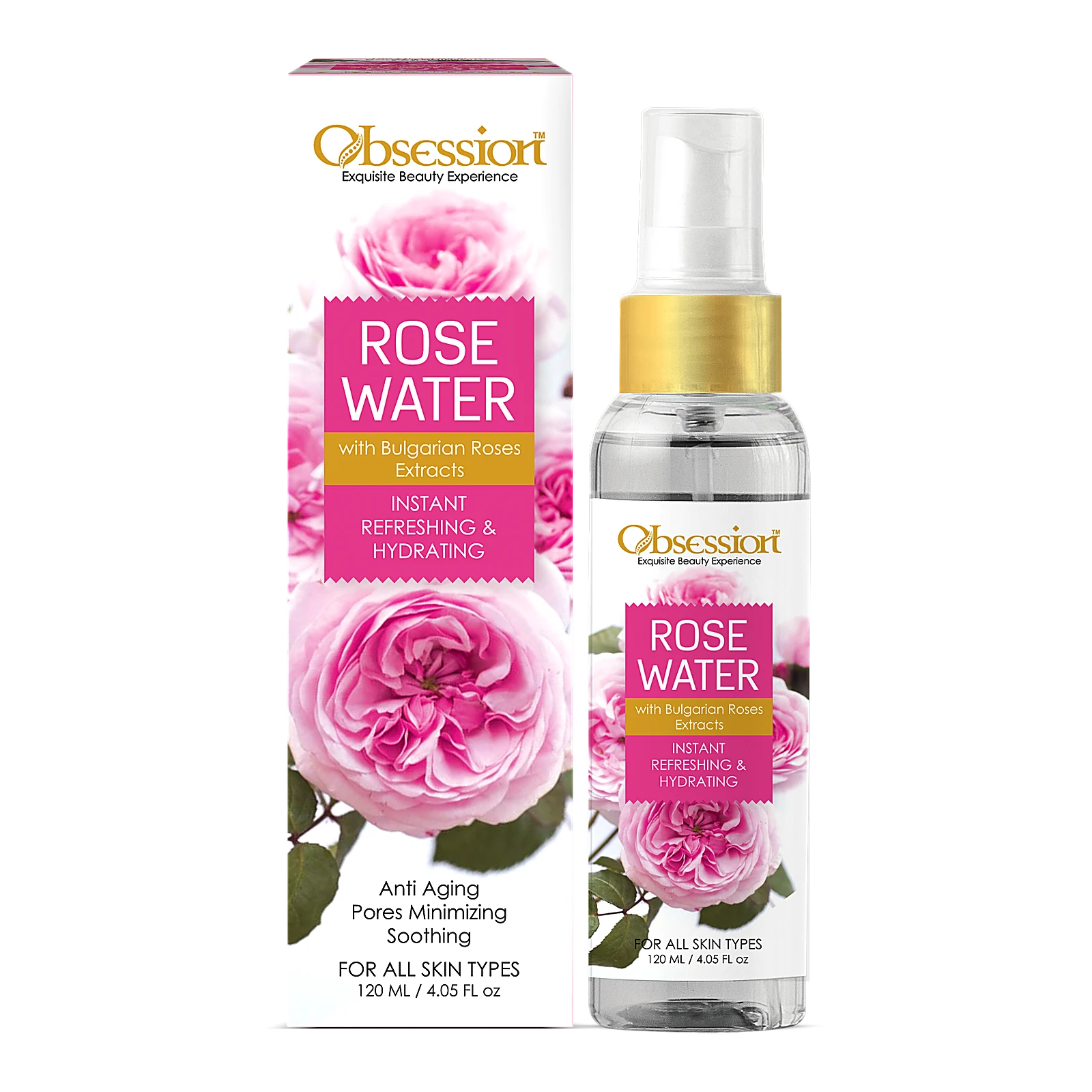 Obsession Rose Water spray bottle and pink box