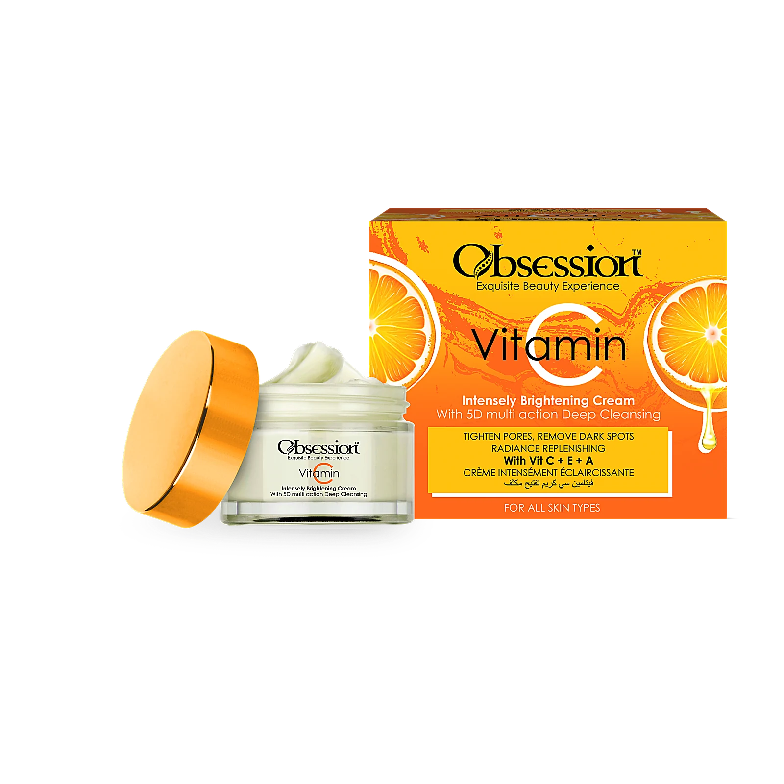 Obsession Active Vitamin C Intensely Brightening Cream jar with gold lid and orange box