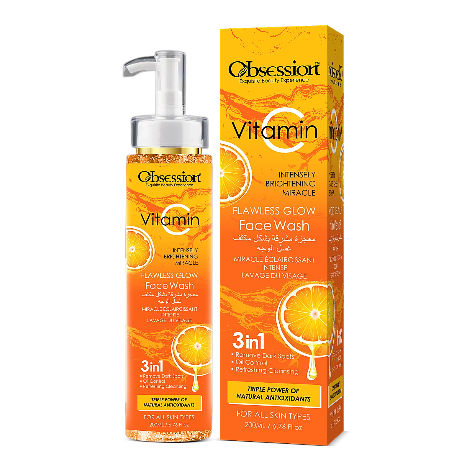 Obsession Vitamin C Flawless Glow Face Wash pump bottle and orange box