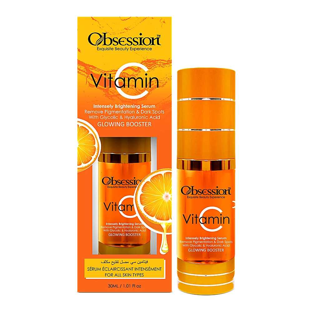 Obsession Vitamin C Intensely Brightening Serum pump bottle and orange box