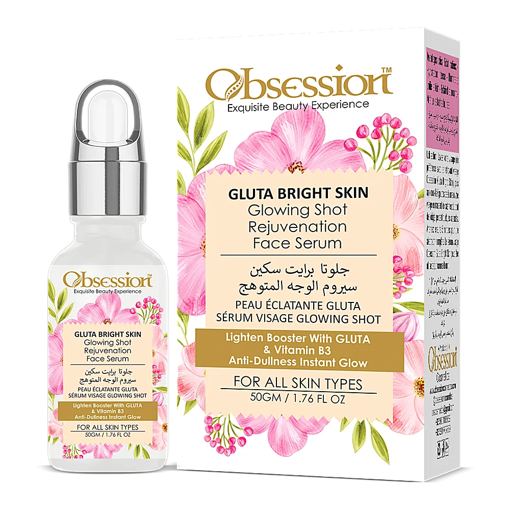 Obsession Gluta-Bright Glowing Shot Face Serum dropper bottle and box