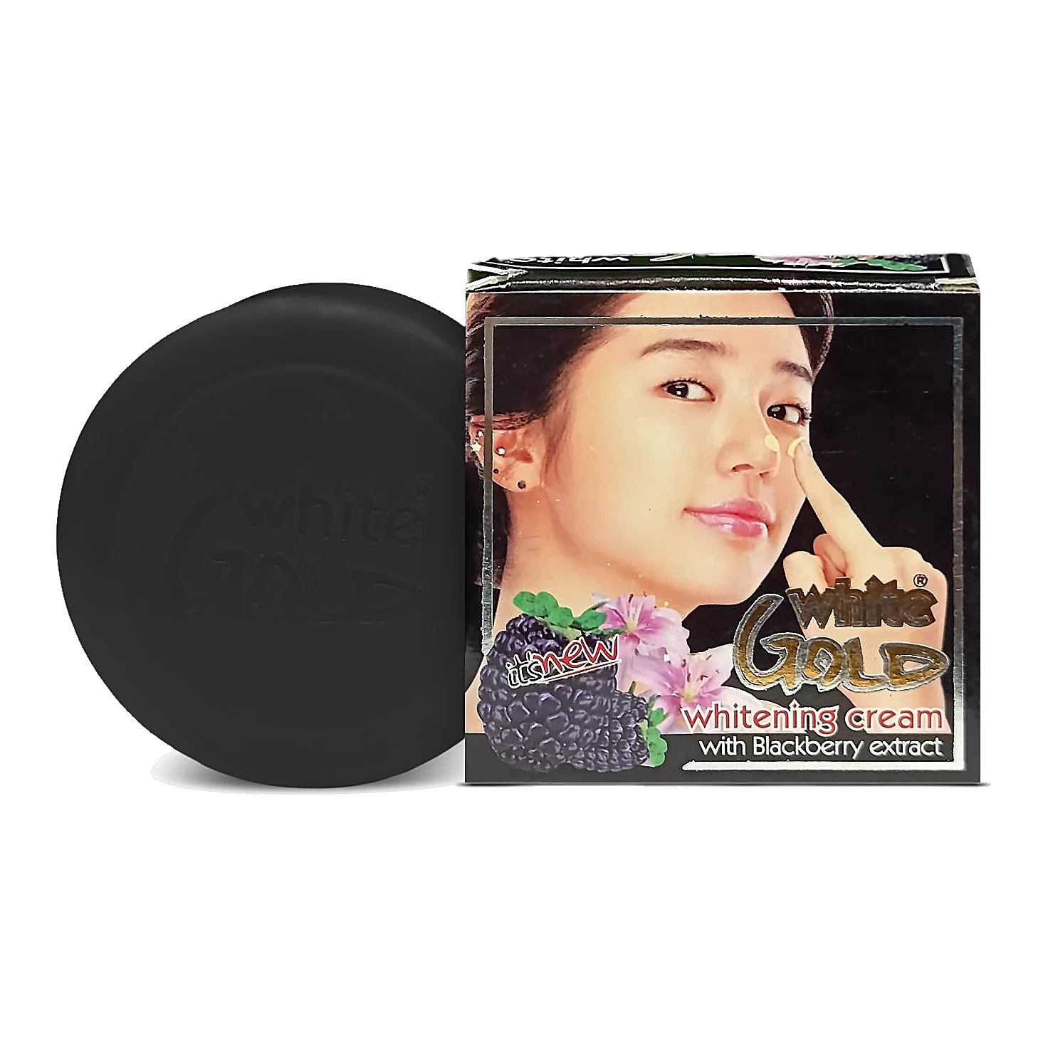 White Gold Whitening Cream with Blackberry Extracts black jar and box